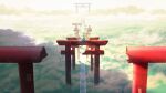  1boy cloud cloudy_sky commentary_request day fantasy hat highres japanese_clothes katana original outdoors scenery shuu_illust signature sitting sky solo sword tagme torii very_wide_shot wallpaper weapon 