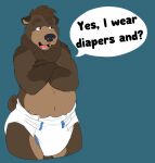  2020 anthro baltnwolf_(artist) black_nose brown_bear brown_body brown_eyebrows brown_fur brown_hair claws clean_diaper crossed_arms diaper diaper_fur diaper_only english_text eyebrows fur green_background hair hi_res male mammal multicolored_body multicolored_fur navel neck_tuft open_mouth orange_eyes short_tail simple_background slightly_chubby solo speech_bubble teeth text tongue tuft ursid ursine 