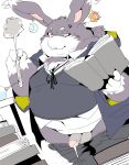  2021 angry anthro balls bodily_fluids book bottomwear clothing genital_fluids genitals hi_res kemono lagomorph leporid male mammal overweight overweight_anthro overweight_male pants penis precum rabbit shirt sigenoya solo takotyutyu topwear 