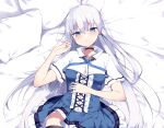  aqua_eyes bed blush dress gray_hair haruyuki_(yukichasoba) long_hair original thighhighs 