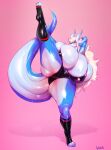  absurd_res anthro aolo big_breasts blau_draconis blonde_hair blue_body breasts cleavage clothed clothing dragon female flexible hair hi_res huge_breasts hyper hyper_breasts mature_female one_leg_up raised_leg splits spread_legs spreading standing sylviajo thick_thighs vertical_splits 