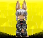  1other :3 animal_ears bangs bike_shorts bune_poster clothes_writing drip_(meme) eyebrows_visible_through_hair finger_gun furry highres jacket long_sleeves looking_at_viewer made_in_abyss meme nanachi_(made_in_abyss) open_clothes shirt solo straight-on supreme white_hair yellow_background 