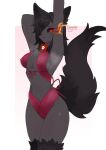  animal_humanoid arm_above_head bikini biped black_body black_fur black_hair black_inner_ear black_sclera bottomwear breasts camel_toe canid canid_demon canid_humanoid canine canine_humanoid chest_tuft cleavage clitoris_outline clothed clothing cute_fangs dark_body dark_skin demon eyelashes female fire fluffy fluffy_tail front_view fur grey_body grey_skin hair hair_over_eye hand_above_head hand_behind_head hellhound hellhound_(mge) hi_res humanoid lanii looking_aside looking_away mammal mammal_humanoid medium_breasts midriff monotone_hair monster_girl_(genre) monster_girl_encyclopedia nipple_outline one_eye_obstructed pink_bikini pink_bottomwear pink_clothing pink_swimwear pink_topwear portrait raised_arm red_eyes simple_background skimpy slim small_waist snaggle_tooth solo standing steam swimwear three-quarter_portrait topwear tuft white_background 