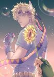  1boy battle_tendency birthday blonde_hair blue_gloves blue_shirt bubble caesar_anthonio_zeppeli commentary_request eyelashes facial_mark feathers fingerless_gloves fingernails flower from_behind gamako giving gloves gradient gradient_background green_eyes green_gloves hair_feathers headband holding holding_flower jojo_no_kimyou_na_bouken joseph_joestar_(young) looking_at_viewer looking_back male_focus out_of_frame parted_lips pov pov_hands shirt short_hair short_sleeves solo_focus sunflower symbol_commentary t-shirt triangle_print upper_body yellow_flower 