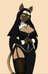  6ironknight9 accessory amulet anthro belt big_breasts breasts brown_body brown_fur clothing crucifix domestic_cat efimiia_kovaleva felid feline felis female fur hi_res legwear looking_at_viewer mammal nun nun_habit simple_background solo thigh_highs yellow_eyes 