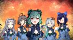  6+girls amane_kanata angel axe bangs bare_tree blue_dress blue_hair blue_sleeves blunt_bangs blurry blurry_background closed_eyes cosplay depth_of_field detached_sleeves double_bun dress eyebrows_visible_through_hair fang flat_chest glasses golden_axe_(weapon) green_hair hair_ornament halo hat holding holding_axe holding_knife hololive hoshimachi_suisei knife long_hair looking_at_viewer multicolored_hair multiple_girls murasaki_shion natsuiro_matsuri no_mouth one_side_up opaque_glasses open_mouth pink_hair red_eyes short_hair side_ponytail silver_hair skull_hair_ornament smile streaked_hair swept_bangs tenbin_gashira trait_connection tree upper_body uruha_rushia uruha_rushia_(cosplay) virtual_youtuber wings yellow_eyes yuujin_a_(hololive) 