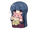  2girls :3 arms_up bangs barefoot black_sweater blue_hair blush cheek_pinching cheek_pull chibi closed_eyes dark_blue_hair eyebrows_visible_through_hair hair_between_eyes hair_intakes hood hood_down hoodie kagamihara_nadeshiko kneeling long_hair long_sleeves multiple_girls nekodason parted_lips pinching pink_hair purple_eyes red_legwear shima_rin simple_background sitting sitting_on_lap sitting_on_person striped striped_hoodie striped_legwear sweater swept_bangs very_long_hair white_background yellow_hoodie yellow_legwear yurucamp 