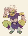  &gt;:) 1girl boots breasts cheelai cleavage colored_skin dragon_ball dragon_ball_super dragon_ball_super_broly full_body gloves green_skin hand_on_own_knee medium_breasts purple_eyes ryan_jampole scouter short_hair signature smile solo spread_legs squatting tongue tongue_out white_footwear white_gloves white_hair 