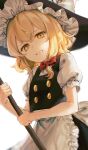  1girl apron blonde_hair blurry bow broom buttons commentary_request depth_of_field from_below grimace hat highres holding holding_broom jill_07km kirisame_marisa looking_at_viewer red_bow short_hair simple_background solo touhou upper_body waist_apron white_background witch_hat yellow_eyes 