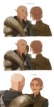  1boy 1girl bald cheetahman_(1ddghfr78cswc) couple dragon_age dragon_age:_inquisition elf gloves green_eyes grey_eyes hair_bun hand_on_another&#039;s_face hetero highres inquisitor_(dragon_age) korean_text old old_woman pointy_ears red_hair shirt smile solas wrinkles 