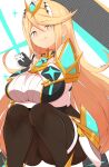  1girl bangs bare_shoulders black_legwear blonde_hair blush breasts chest_jewel clothing_cutout dress earrings elbow_gloves gloves highres jellcaps jewelry large_breasts long_hair looking_at_viewer mythra_(massive_melee)_(xenoblade) mythra_(xenoblade) pantyhose short_dress smile squatting super_smash_bros. swept_bangs thigh_strap tiara very_long_hair white_dress white_footwear white_gloves xenoblade_chronicles_(series) xenoblade_chronicles_2 yellow_eyes 