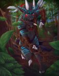  anthro archer arrow bow_(weapon) forest fur hi_res horn leather male plant ranged_weapon red_eyes solo sparkittyart tree weapon 