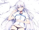  aqua_eyes bed blush gray_hair haruyuki_(yukichasoba) long_hair original panties thighhighs underwear 