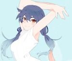  1girl armpits arms_behind_back blush crossed_arms feet hair_ornament hair_ribbon hairclip je8 kanbaru_suruga long_hair looking_at_viewer monogatari_(series) orange_eyes purple_ribbon ribbon shirt twintails white_shirt 