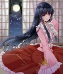  1girl bamboo bamboo_print bangs black_hair blunt_bangs blush bow closed_mouth cloud cloudy_sky commentary eyebrows_visible_through_hair floating_hair frilled_skirt frilled_sleeves frills full_body full_moon houraisan_kaguya indoors long_hair long_skirt long_sleeves looking_at_viewer moon moonlight night night_sky okawa_friend open_door pink_shirt purple_eyes red_skirt shiny shiny_hair shirt sitting skirt sky sleeves_past_fingers sleeves_past_wrists sliding_doors smile solo straight_hair touhou white_bow 