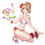 1girl artist_request bare_arms bare_shoulders bikini braid braided_bun breasts brown_hair cleavage collarbone cup drinking_glass flower full_body hair_flower hair_ornament halter_top halterneck hibiscus high_heels holding king&#039;s_raid looking_at_viewer medium_breasts navel official_art priscilla_(king&#039;s_raid) red_eyes ribbon sandals side-tie_bikini smile solo squatting stomach string_bikini swimsuit thighs tied_hair transparent_background tray umbrella white_bikini wrist_ribbon 