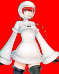  1girl android bangs black_footwear black_gloves black_shorts blue_eyes boots bright_pupils detached_hair gloves gokulkrishna hair_between_eyes hair_intakes heart highres hood hood_up hoodie long_sleeves outstretched_arms persona persona_5 persona_5_scramble:_the_phantom_strikers ponytail red_background red_hair short_shorts shorts simple_background sophia_(p5s) thigh_boots thighhighs white_hoodie white_pupils wide_sleeves 