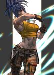 1girl armpits bangs bare_shoulders blue_hair breasts camouflage camouflage_pants cargo_pants dog_tags earrings highres jewelry large_breasts leona_heidern muscular muscular_female navel pants pouch syachiiro tank_top the_king_of_fighters triangle_earrings yellow_tank_top 