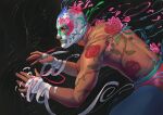  1boy bandages black_background dark_skin dark_skinned_male flower highres leaf luchador_mask male_focus original oskar_vega petals plant profile red_flower red_rose rose shirtless simple_background solo tattoo 