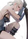  1girl bandaged_arm bandaged_leg bandaged_neck bandages bangs bare_shoulders black_gloves braid breasts brown_eyes clenched_teeth detached_sleeves flower gloves hair_flower hair_ornament hair_rings highres jagged_sword kaine_(nier) kneeling large_breasts lingerie long_hair negligee nier nier_(series) silver_hair sword teeth underwear weapon yd_(orange_maru) 