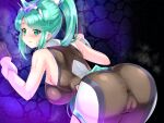  1girl anus ass back bangs blush breasts cameltoe cleft_of_venus commission eyebrows_visible_through_hair gem gloves green_hair hair_ornament headpiece jewelry large_breasts long_hair looking_back mythra_(xenoblade) nami_makoto nervous pantyhose pneuma_(xenoblade) ponytail pussy pyra_(xenoblade) smile sweat sweatdrop swept_bangs thighhighs tiara xenoblade_chronicles_(series) xenoblade_chronicles_2 