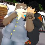  1:1 3d_(artwork) anthro belly canid canine canis chubby_protagonist_(tas) clothing digital_media_(artwork) domestic_dog duo hi_res horkeukamui human humanoid_hands kemono male male/male malicekira mammal moritaka outside overweight overweight_male protagonist_(tas) slightly_chubby stalking tokyo_afterschool_summoners video_games 