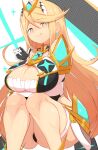  1girl bangs bare_legs bare_shoulders blonde_hair blush breasts chest_jewel cleavage cleavage_cutout clothing_cutout dress earrings elbow_gloves gloves highres jellcaps jewelry large_breasts long_hair looking_at_viewer mythra_(xenoblade) short_dress smile squatting swept_bangs thigh_strap tiara very_long_hair white_dress white_footwear white_gloves xenoblade_chronicles_(series) xenoblade_chronicles_2 yellow_eyes 