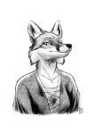  absurd_res anthro black_and_white canid canine emerald_(gem) female fox gem gown half_body hi_res kippycube looking_at_viewer mammal monochrome pendant portrait serious silva_vernalis sketch smile solo 