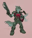  2021 anthro armor biped blood bodily_fluids body_armor brown_background canid canine canis cheek_tuft clothed clothing cosplay doom_(series) doom_guy facial_tuft gauntlets gloves greaves gun handwear head_tuft headgear helmet hi_res holding_gun holding_helmet holding_object holding_shotgun holding_weapon id_software male mammal ragey ranged_weapon samur_shalem sawed-off_shotgun shotgun shoulder_cannon shoulder_guards signature simple_background smoke solo standing tuft video_games weapon whiskers wolf 