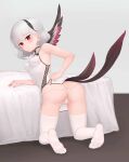  1girl absurdres ass bed bed_sheet copyright_request doha_skylightscent dress feathered_wings feathers feet full_body highres looking_at_viewer looking_back medium_hair no_bra no_shoes panties red_eyes silver_hair soles thighhighs toes underwear white_hair white_legwear white_panties wings 