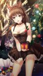  1girl antlers bangs black_choker box breasts brown_dress brown_eyes brown_hair brown_hairband buckle choker christmas christmas_tree cleavage collarbone doukyuusei doukyuusei_another_world dress dress_tug eyebrows_visible_through_hair fake_antlers game_cg gift gift_bag gift_box hair_between_eyes hair_ribbon hairband holding holding_box large_breasts long_hair looking_at_viewer official_art open_mouth red_ribbon reindeer_antlers ribbon shiny shiny_hair sleeveless sleeveless_dress solo standing tanaka_misa very_long_hair 