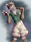  anthro canid canine canis clothed clothing gesture hi_res male mammal shirt solo topwear v_sign wolf 