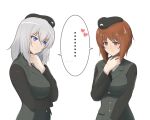  ... 2girls bangs beret black_headwear black_jacket black_neckwear blue_eyes blush brown_eyes brown_hair closed_mouth commentary_request dress_shirt emblem eyebrows_visible_through_hair frown girls_und_panzer hand_on_own_throat hat heart iteza_(flapper_girl_25) itsumi_erika jacket japanese_tankery_league_(emblem) long_sleeves looking_at_another medium_hair military military_hat military_uniform multiple_girls necktie nishizumi_miho partial_commentary selection_university_military_uniform shirt short_hair silver_hair smile spoken_blush spoken_ellipsis spoken_heart standing uniform white_background white_shirt yuri 