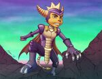  2018 activision anthro armor body_armor boots cloak clothed clothing cosplay digital_media_(artwork) eric-3 footwear fur green_eyes headgear helmet hi_res lombax looking_at_another male mammal ratchet ratchet_and_clank rock signature simple_background sky solo sony_corporation sony_interactive_entertainment spyro spyro_the_dragon teeth video_games yellow_body yellow_fur 