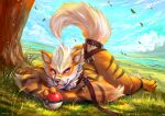  2021 anthro arcanine black_body black_fur blep blue_eyes blush cheetahpaws collar fur harness leaf leash looking_at_viewer male multicolored_body multicolored_fur nintendo orange_body orange_fur outside plant pok&eacute;ball pok&eacute;mon pok&eacute;mon_(species) solo tongue tongue_out tree video_games white_body white_fur 