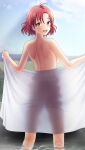  1girl :d antenna_hair bangs braid breasts completely_nude day doukyuusei_another_world from_behind game_cg hair_between_eyes hair_ornament holding holding_towel kakyuusei_2 looking_at_viewer looking_back medium_breasts medium_hair mole mole_under_eye nude official_art open_mouth outdoors red_hair see-through_silhouette shiny shiny_hair shoulder_blades sideboob smile solo standing towel wading wakai_misaki white_towel yellow_eyes 