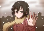  1girl absurdres black_eyes black_hair blush boku_dake_ga_inai_machi brown_background closed_mouth coat commentary expressionless hair_strand highres hinazuki_kayo looking_at_viewer outstretched_arm red_coat scarf short_hair snowflakes snowing solo suika_yama upper_body wind yellow_scarf 