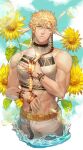  1boy alternate_costume aqua_nails az_(kroneko007) bare_arms bare_shoulders battle_tendency birthday blonde_hair bubble caesar_anthonio_zeppeli commentary_request cowboy_shot crop_top facial_mark feathers fingernails flower hair_feathers hand_on_own_chest headband jojo_no_kimyou_na_bouken looking_at_viewer male_focus midriff muscular muscular_male nail_polish pants parted_lips short_hair sleeveless solo sunflower tattoo triangle_print water white_pants yellow_flower 