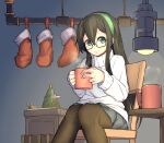  1girl absurdres ahchih black_hair black_legwear blue_eyes blue_skirt book bookshelf chair christmas christmas_ornaments christmas_tree cup eyebrows eyebrows_visible_through_hair glasses green_hairband hair_ornament hairband highres holding_hands hot_chocolate kantai_collection light_bulb long_hair looking_at_viewer ooyodo_(kancolle) pantyhose pipes ribbed_sweater shirt skirt smile socks solo sweater turret vapors white_shirt white_sweater 