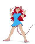  4_toes 5_fingers akira_v anthro blep breasts brown_eyes clothed clothing eyebrows eyelashes feet female fingers hair hi_res mammal mouse murid murine red_hair rodent smile solo toes tongue tongue_out 