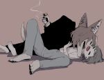 absurd_res ambiguous_gender anthro avogado6 bite canid canine canis cigarette ear_piercing eyes_closed happy hi_res human larger_anthro mammal neck_bite piercing size_difference smaller_human smile smoke smoking wolf 