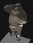  2021 anthro belly brown_body brown_fur bulge clothing fur hat headgear headwear humanoid_hands male mammal moobs nipples overweight overweight_anthro overweight_male p0sporo solo underwear ursid 