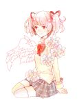  1girl angel_wings arm_support arms_at_sides black_skirt closed_mouth facing_away feathered_wings flat_chest flower full_body hair_ribbon hanako_hanakon high_collar juliet_sleeves kaname_madoka light_smile long_sleeves looking_afar mahou_shoujo_madoka_magica mitakihara_school_uniform neck_ribbon pale_color pink_eyes pink_hair pink_theme plaid plaid_skirt pleated_skirt puffy_sleeves red_ribbon ribbon school_uniform simple_background single_wing sitting skirt solo tareme thighhighs twintails white_background white_flower white_legwear white_wings wings yokozuwari zettai_ryouiki 