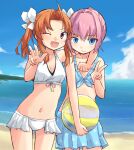  ;d arm_around_neck ball bangs beach beachball bikini bikini_skirt blue_bikini blue_sky breasts brown_hair closed_mouth cloud cloudy_sky commentary day eyebrows_visible_through_hair front-tie_bikini front-tie_top hair_intakes hair_ribbon holding holding_ball horizon kagerou_(kancolle) kakizaki_(chou_neji) kantai_collection looking_at_viewer medium_hair navel ocean one_eye_closed open_mouth outdoors parted_bangs pink_hair purple_eyes ribbon shiranui_(kancolle) short_hair short_ponytail sky small_breasts smile standing swimsuit twintails v white_bikini white_ribbon 