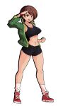  abs absurdres aidan_core bike_shorts breasts brown_eyes brown_hair highres jacket large_breasts persona persona_4 satonaka_chie short_hair sports_bra thighs 