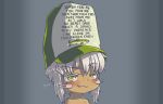  1other :3 animal_ears blush bune_poster english_text eyebrows_visible_through_hair fang fang_out fish furry gradient gradient_background green_eyes grey_background hat_writing made_in_abyss meme nanachi_(made_in_abyss) portrait smug whiskers white_hair women_fear_me_fish_fear_me_(hat) 