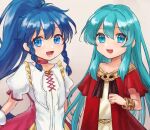  2girls :d aqua_hair bangs beige_background blue_eyes blue_hair bracelet braid choker dress eirika_(fire_emblem) eyebrows_visible_through_hair fire_emblem fire_emblem:_the_sacred_stones fire_emblem_heroes hair_between_eyes hazuki_(nyorosuke) highres jewelry long_hair looking_at_viewer multiple_girls official_alternate_costume open_mouth ponytail puffy_sleeves short_dress sidelocks smile tana_(fire_emblem) twin_braids younger 