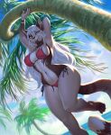  anthro bikini breasts cleavage clothed clothing collaboration ear_piercing felid female hair levelviolet mammal palm_tree piercing plant smiju solo swimwear tree white_hair wide_hips 