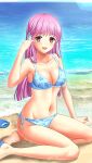  1girl :d bangs barefoot beach bikini blue_bikini blue_ribbon braid breasts cleavage collarbone day doukyuusei doukyuusei_another_world french_braid game_cg groin hair_ribbon long_hair looking_at_viewer medium_breasts navel ocean official_art open_mouth outdoors pink_hair print_bikini red_eyes ribbon sakuragi_mai shiny shiny_hair shiny_skin side-tie_bikini smile solo summer swimsuit very_long_hair white_ribbon 