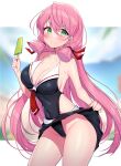  1girl absurdres akashi_(kancolle) black_swimsuit blunt_tresses breasts commission contrapposto cowboy_shot duplicate food green_eyes hair_ribbon highleg highleg_swimsuit highres ichi-jirushi kantai_collection large_breasts long_hair looking_at_viewer pink_hair pixel-perfect_duplicate pleated_skirt popsicle ribbon skeb_commission skirt skirt_lift solo swimsuit tress_ribbon 